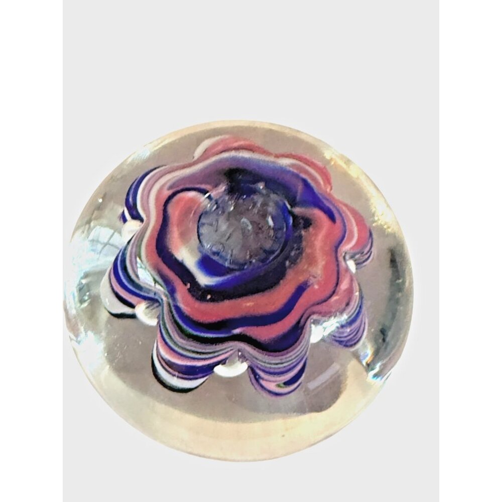 Art Glass Paperweight Signed Joe St. Claire, Ribbon Crimp blue, pink, white - Picture 8 of 10